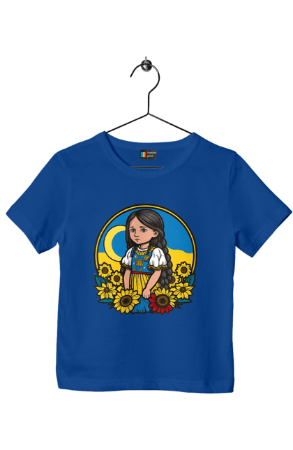 Футболка дитяча з принтом "Мила Українська дівчинка". Блакитний, жовтий, жовто-блакитний, зроблено в україні, патріот, патріоти україни, підтримую україну, прапор україни, україна, українська дівчинка. 2070702