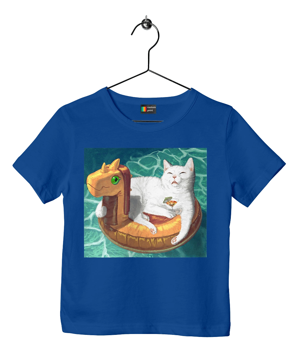 White cat in a swimming circle on vacation