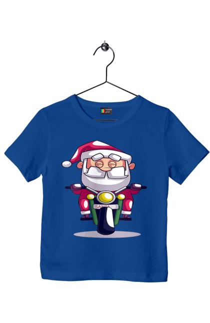 Футболка дитяча з принтом "Щасливий Санта на мотоциклі". 2022, дід мороз, зима, мотоцикл, новий рік, різдво, санта, сніг. 2070702