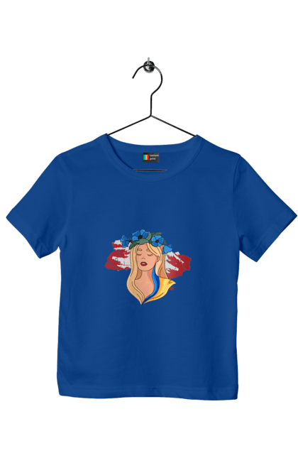 Children's t-shirt with prints Girl on the map of Ukraine. Blue, flag, flowers, girl, girl on the map, map of ukraine, red, ukraine, yellow. 2070702