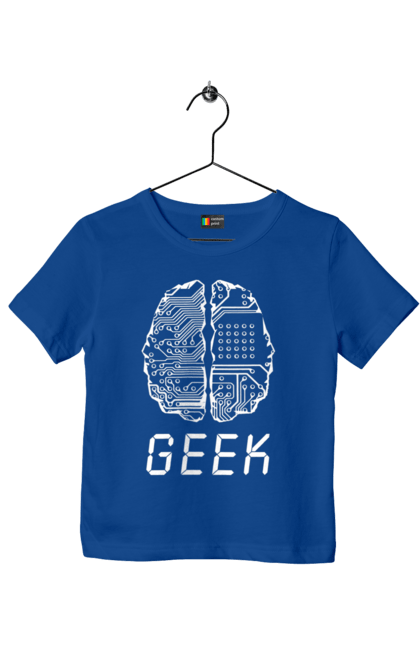 Children's t-shirt with prints Geek Brain. Brain, chip, code, computer, crystal, cyber, cybernetics, cyborg, developer, engineer, geek, it, it specialist, knowledge, mind, printed circuit board, profession, professional, programmer. 2070702