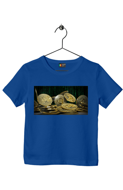 Футболка дитяча з принтом "Біткойн". Багатство, біткойн, валюта, гроші, криптовалюта, курс, майнінг, матриця, монета, розкіш, цифровий світ. 2070702
