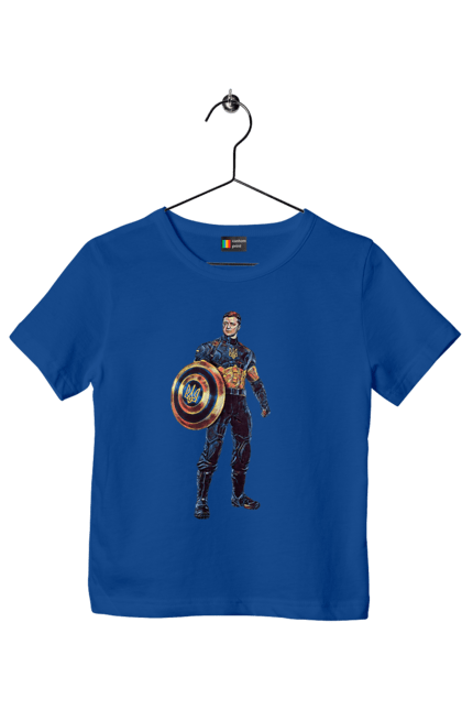 Футболка дитяча з принтом "Капітан Україна Зеленський арт". Володимир зеленський, зеленський, капітан америка, капітан україна, україна. 2070702