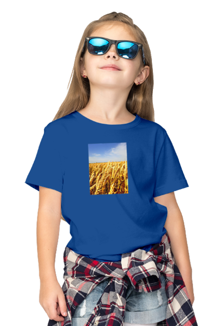 Children's t-shirt with prints Ukraine. Beauty, blue, field, nature, sky, wheat. 2070702