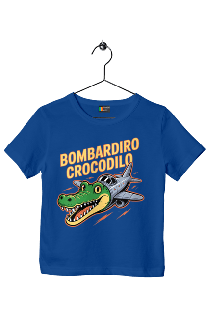 Футболка дитяча з принтом "Bombardino Crocodilo". Bombardino, bombardino crocodilo, crocodilo, бомбардиро крокодило, бомбардіно крокоділо, крокодил, крокодил літак, крокодил мем, мем бомбардине крокодило, меми. 2070702