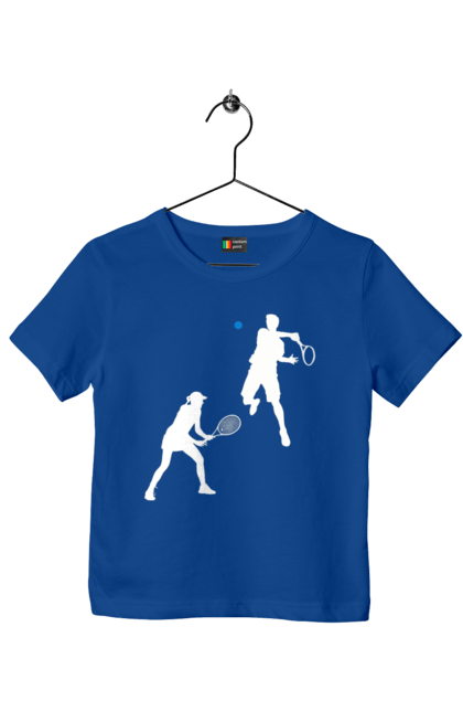Children's t-shirt with prints Tennis. Ball, ground tournament, hard, players, prize fund, racket, soil, sponsor, tennis, tournament grid. 2070702