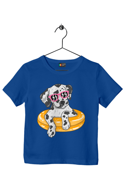 Футболка дитяча з принтом "Далматинець Плаває У Колі". Далматинець, окуляри, плавати, собака. 2070702