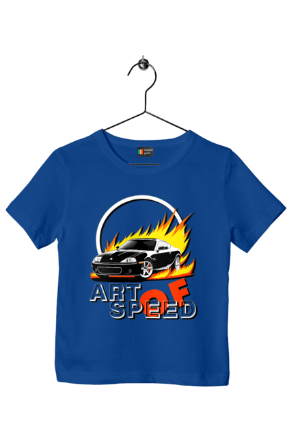 Children's t-shirt with prints Car on fire. Auto, car on fire, drift, race, speed, sport, sports car. 2070702