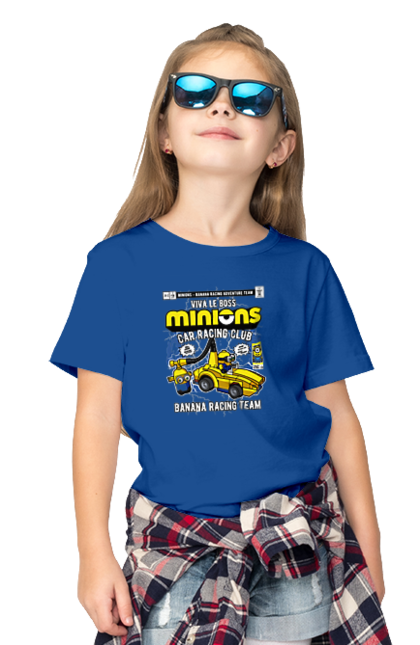 Футболка дитяча з принтом "Minions Banana Racing Car". Банан, гоночний автомобіль, міньйон, міньйони. Funkotee