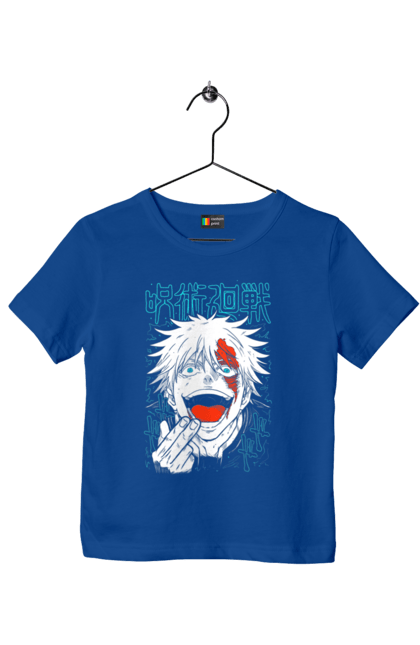 Children's t-shirt with prints Jujutsu Kaisen Gojo. Anime, dark fantasy, gojo, jujutsu kaisen, magic battle, manga, mystic. 2070702