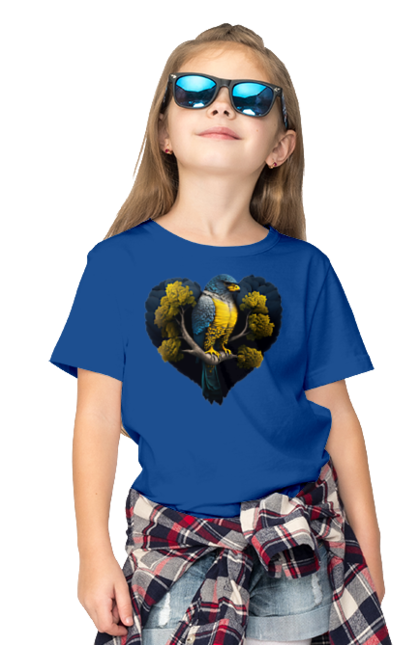 Children's t-shirt with prints Blue and yellow falcon. Falcon, flag of ukraine, heart, symbol of ukraine, tree, ukraine. 2070702