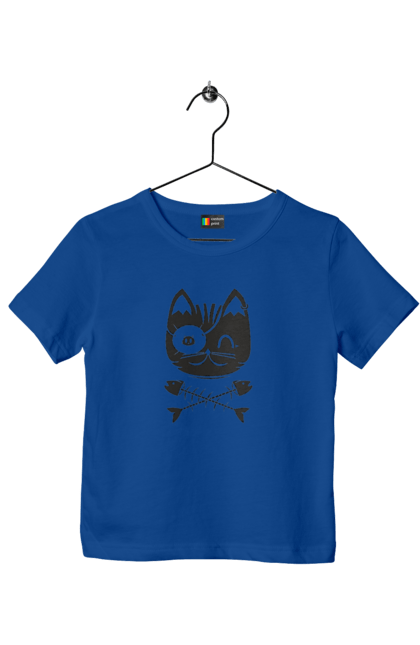Children's t-shirt with prints Pirate cat. Animals, bones, cat, cool drawing, cute pictures, fish, pirates, skull. 2070702