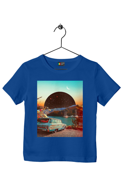 Футболка дитяча з принтом "Картина, машина біля річки". Картина, машина, планета, прикол, ретро, річка. 2070702