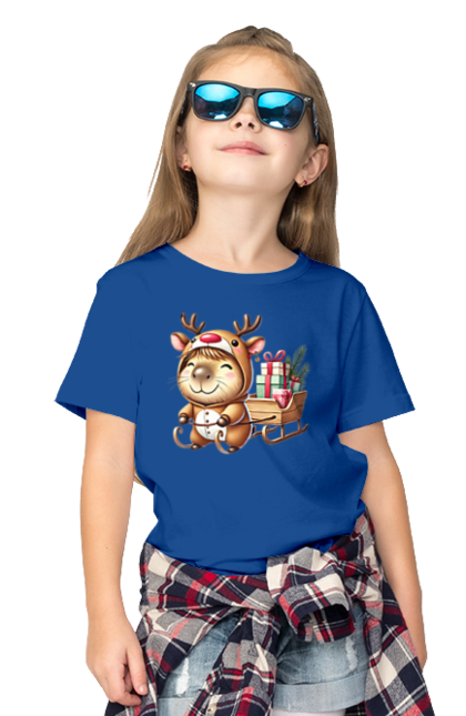 Children's t-shirt with prints Christmas Capybara with a Gift. Animal, capybara, christmas, christmas capybara, gift, holiday, new year, new year`s gift, santa. 2070702