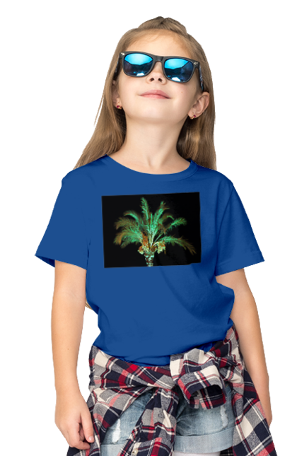 Футболка дитяча з принтом "Фінікова Пальма Вночі". Берег, відпочинок, відпустка, зелений, море, ніч, оазис, океан, острів, пальма, південь, подорож, пригоди, тропіки, фінікова, чорне. 2070702