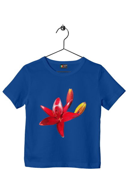 Children's t-shirt with prints Red lily. Bright, bud, buds, color, flower, lily, nature, red, red flower, red lily, sunny. 2070702