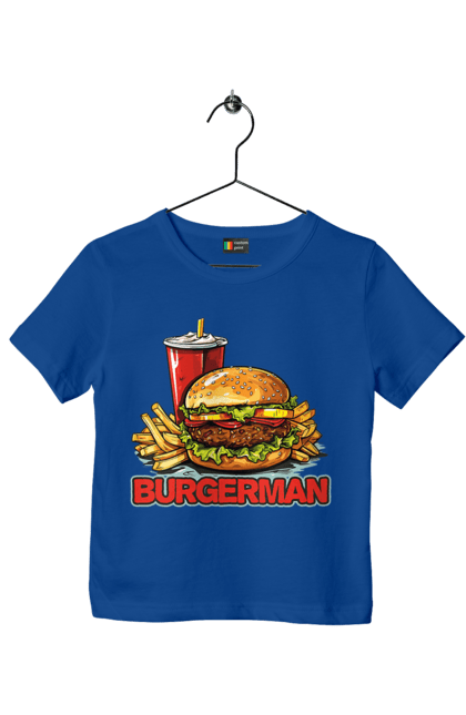 Футболка дитяча з принтом "Burgerman". Бургер, для чоловіків, їжа, літні, макдональдс, прикольні, трендові, фаст фуд, чоловічі. 2070702