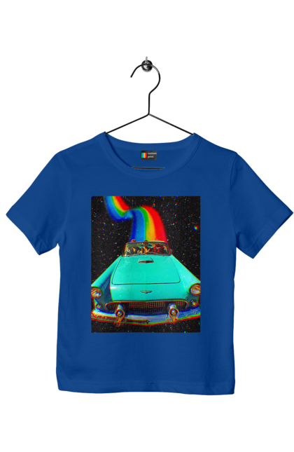 Футболка детская с принтом Картина, машина в космосе. Картина, космос, машина, поездка, прикол, путешествия, радуга, ретро. 2070702