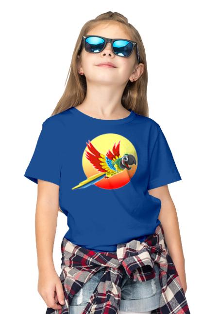 Футболка дитяча з принтом "Папуга На Тлі Сонця". Ара, веселий, відпочинок, відпустка, диск, жарко, жовтий, коло, кольоровий, крила, літає, літо, папуга, папужка, пір`я, політ, помаранчевий, птах, різнокольоровий, сонце, сонячно, спека, тепло, тропіки, у польоті, червоний. 2070702