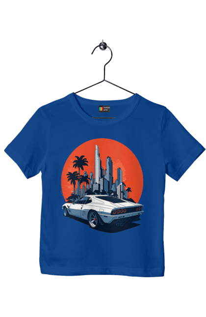 Children's t-shirt with prints Car. Race, speed, sport car, sunset. 2070702