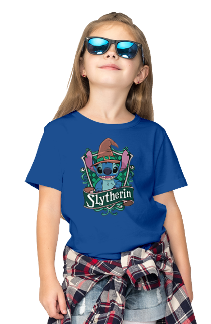 Children's t-shirt with prints Stich Slytherin. Faculty, franchise, harry potter, hogwarts, slytherin, stich. 2070702