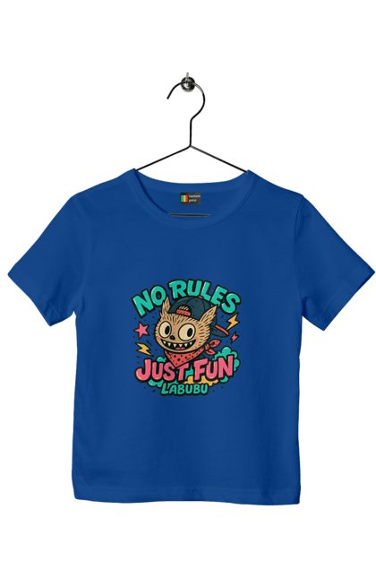 Футболка дитяча з принтом "Лабубу". Norulesjustfun, y2k, бандана, вуличний стиль, грайливий, графіті, зухвалий, лабубу, ретромультяшка, яскраво. 2070702