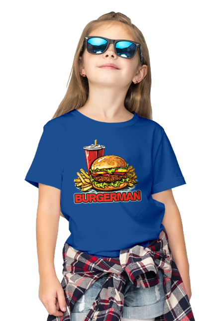 Футболка дитяча з принтом "Burgerman". Бургер, для чоловіків, їжа, літні, макдональдс, прикольні, трендові, фаст фуд, чоловічі. 2070702