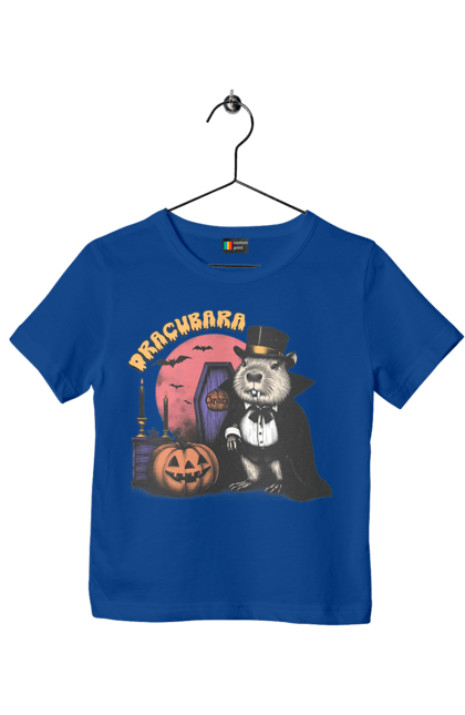 Футболка детская с принтом Капибара Хэллоуин. Capybara, halloween, вампир, водосвинка, грызун, животное, капибара, праздник, тыква, хэллоуин. 2070702