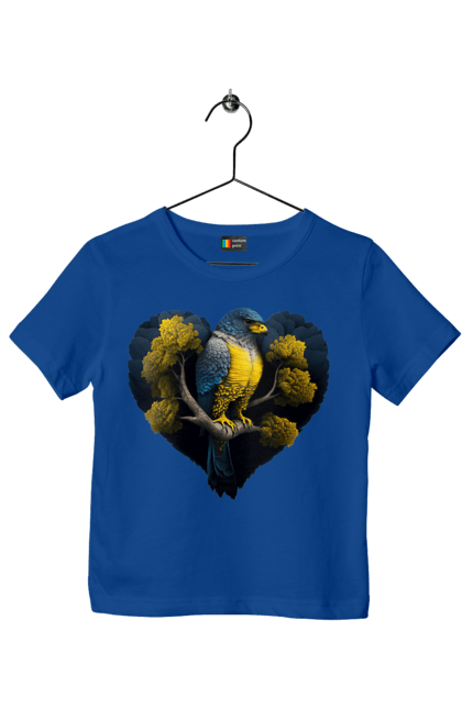 Children's t-shirt with prints Blue and yellow falcon. Falcon, flag of ukraine, heart, symbol of ukraine, tree, ukraine. 2070702