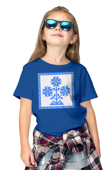 Children's t-shirt with prints Yellow blue embroidery flowers. Cross stitch, embroidery, flowers, symbol of ukraine, traditions of ukraine, ukraine. 2070702