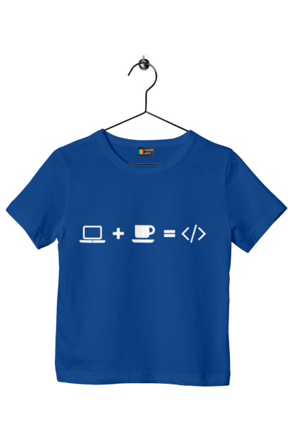 Children's t-shirt with prints Computer plus coffee equals code. Code, coffee, developer, git hub, it specialist, java, javascript, php, programmer, python. 2070702