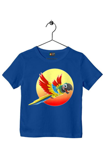 Футболка дитяча з принтом "Папуга На Тлі Сонця". Ара, веселий, відпочинок, відпустка, диск, жарко, жовтий, коло, кольоровий, крила, літає, літо, папуга, папужка, пір`я, політ, помаранчевий, птах, різнокольоровий, сонце, сонячно, спека, тепло, тропіки, у польоті, червоний. 2070702