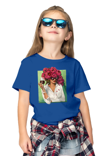 Children's t-shirt with prints Girl with peonies and a glass. Flower, girl, glasses, goblet, peonies, shirt, summer, wine. 2070702