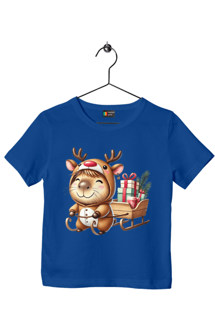 Children's t-shirt with prints Christmas Capybara with a Gift. Animal, capybara, christmas, christmas capybara, gift, holiday, new year, new year`s gift, santa. 2070702