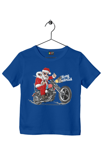 Футболка детская с принтом Санта в очках на мотоцикле. Байкер, дед мороз, зима, мотоцикл, новый год, рождество, санта, санта клаус, снег, счастливого рождества. 2070702