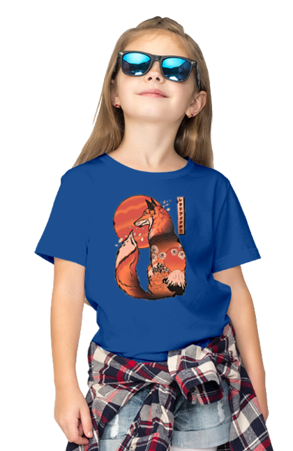 Children's t-shirt with prints Kitsune. Animal, cherry blossoms, flowers, fox, great wave, japan, japanese, kitsune, mount fuji, red fox. 2070702