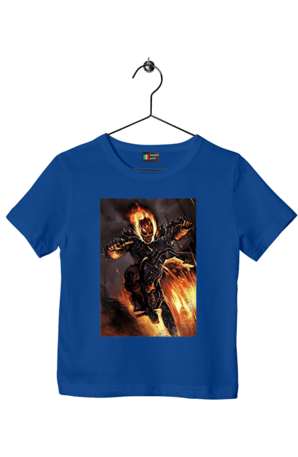 Футболка дитяча з принтом "Пекельний Гонщик". Вогонь, мотоцикл, пекельний гонщик, скелет, чоппер. 2070702