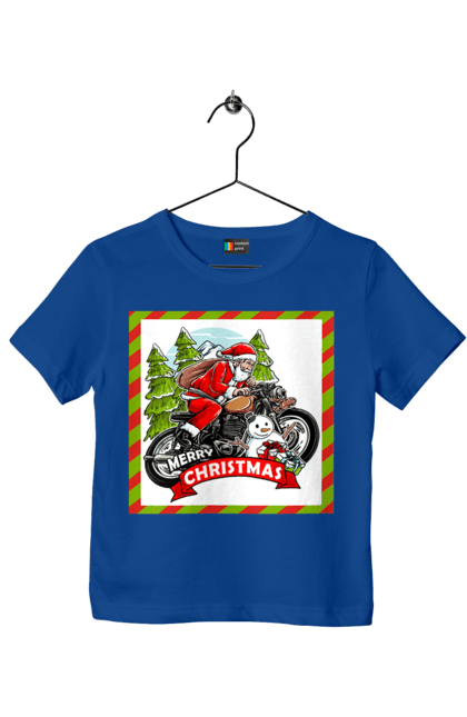 Футболка дитяча з принтом "Санта на мотоциклі". Мотоцикл, новий рік, подарунки, різдво, санта, сніговик, ялинка. 2070702