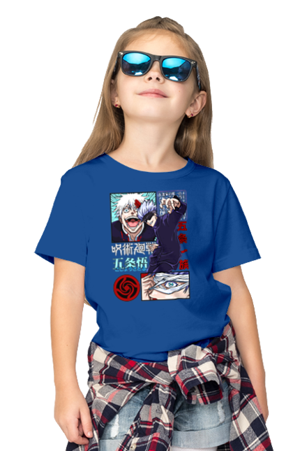 Children's t-shirt with prints Jujutsu Kaisen Gojo. Anime, dark fantasy, gojo, jujutsu kaisen, magic battle, manga, mystic. 2070702