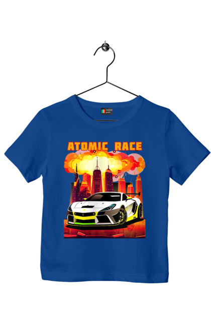 Children's t-shirt with prints Atomic race. Atomic race, automobile, car, race, racing cars, sport car, sports car. 2070702