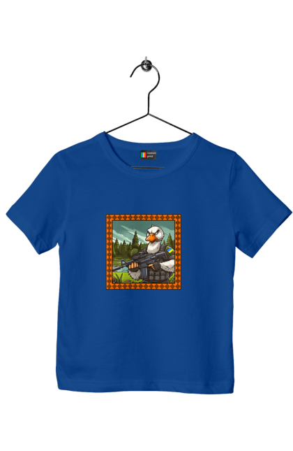 Футболка дитяча з принтом "Гусячий десант". Біологічна зброя, бойові гуси, військовий гусак, гусячий десант, зброєні сили, прапор, символіка, україна. 2070702