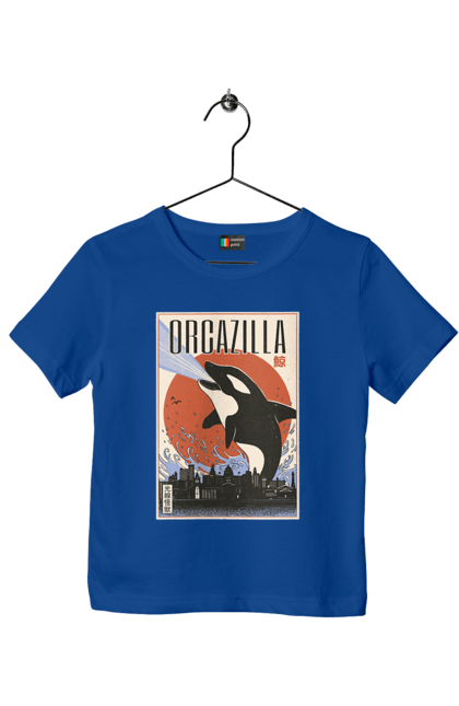 Children's t-shirt with prints Orcazilla. Cartoon style design, graphic, japan print, japanese, japanese art, japanese poster, japanese poster orca, ocean wildlife, orca, orcazilla. 2070702