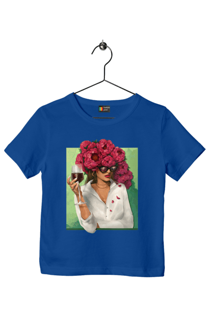 Children's t-shirt with prints Girl with peonies and a glass. Flower, girl, glasses, goblet, peonies, shirt, summer, wine. 2070702