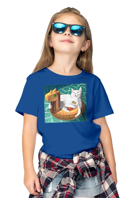 White cat in a swimming circle on vacation