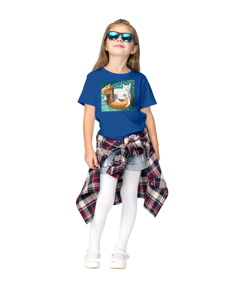 White cat in a swimming circle on vacation