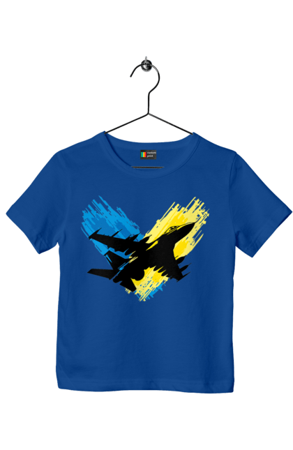 Футболка дитяча з принтом "Літак F 16". З прапором, зсу, літак, літак f16, патріотична, прапор, ф16. 2070702