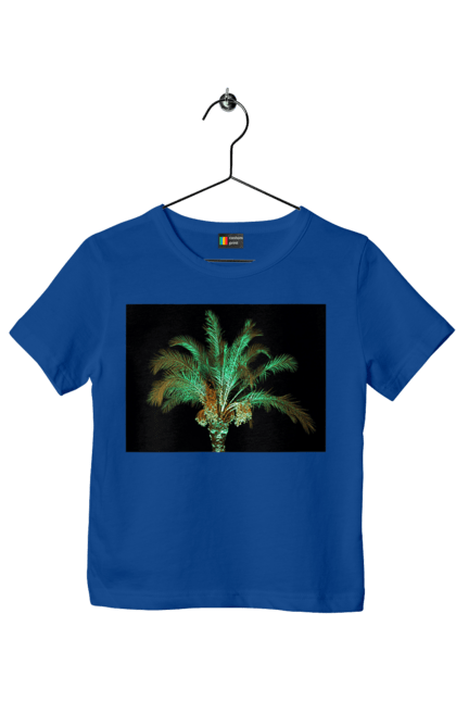 Футболка дитяча з принтом "Фінікова Пальма Вночі". Берег, відпочинок, відпустка, зелений, море, ніч, оазис, океан, острів, пальма, південь, подорож, пригоди, тропіки, фінікова, чорне. 2070702