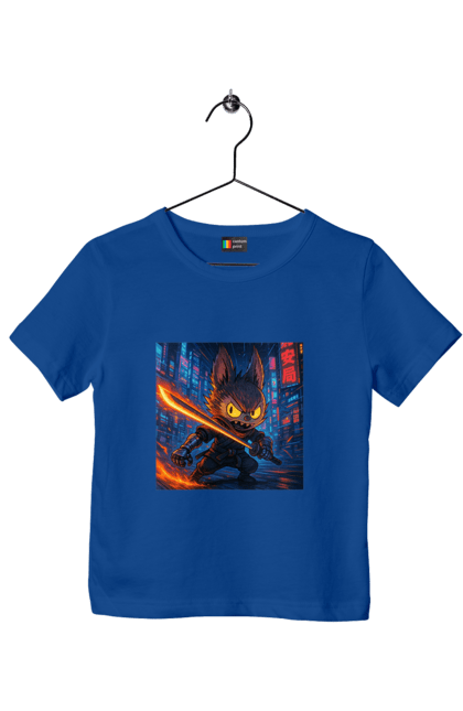 Футболка дитяча з принтом "Лабубу". Аніместиль, дія, катана, кіберніндзя, кіберпанк, лабубу, меч, неонове місто, очі` що світяться. 2070702
