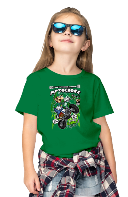 Футболка дитяча з принтом "Luigi Motocross". Nintendo, playstaion, автомобіль, гра, зелений маріо, луїджі, маріо. Funkotee