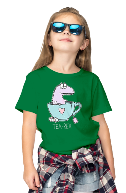 Футболка дитяча з принтом "Динозавр прінмаем в чашці чай". Динозавр, релакс, чай, чашка. CustomPrint.market